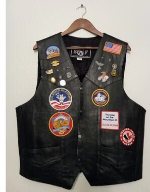 VTG SHAF Men's Leather Biker Vest w Rare Pins & Patches Motorcycle Rider SZ 46